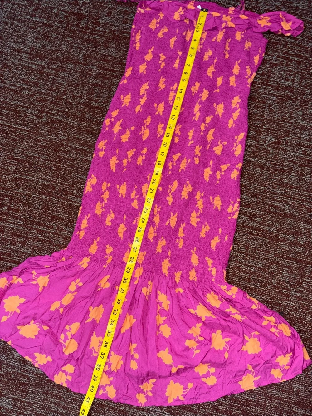 Anthropologie dress magenta smocked floral bell hem removable strap fitted med
